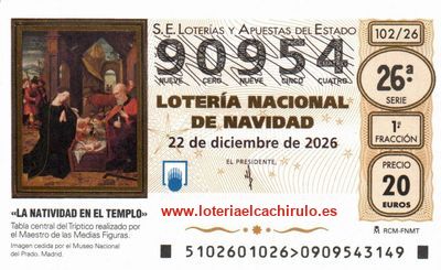 Anverso del d&eacute;cimo 90954 de la Loter&iacute;a de Navidad 2026, de Santa Cruz de Tenerife